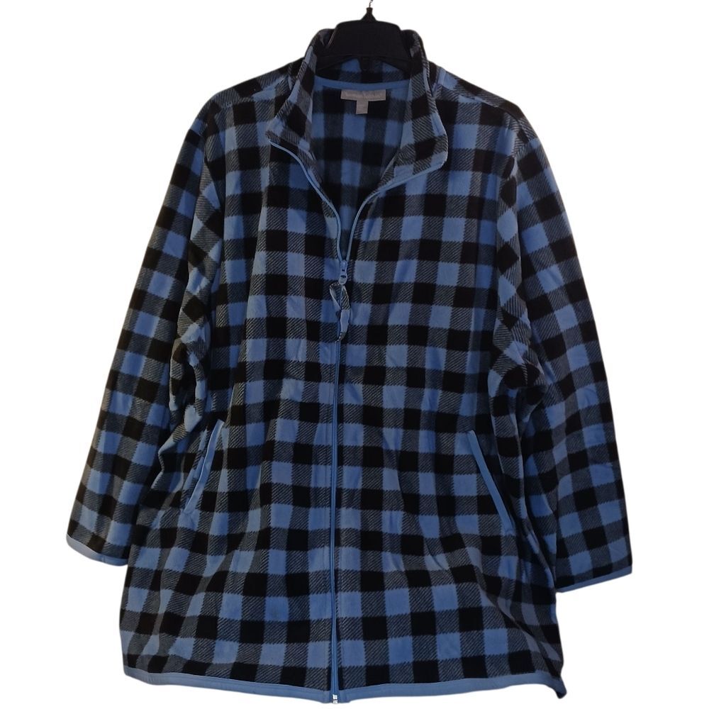 Women's Long Sleeve Blue and Black Plaid Fleece Zippered Shirt. By Woman Within.